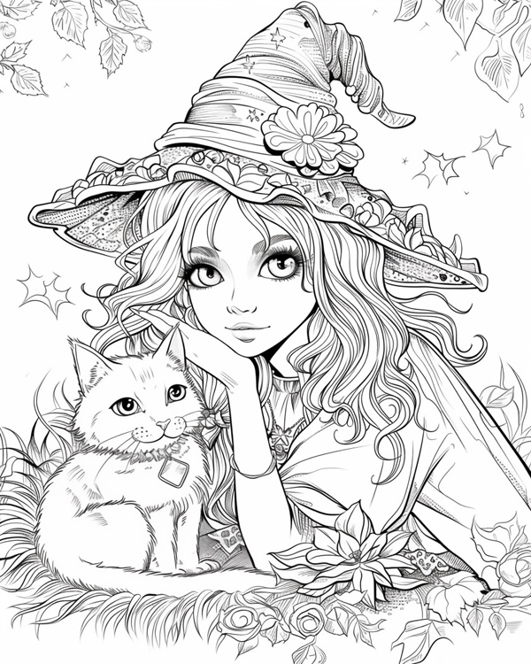 witch and her cat coloring page