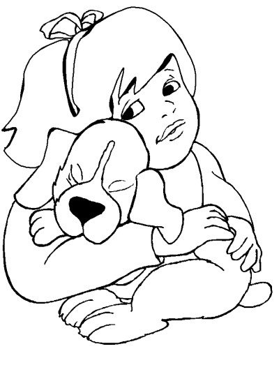 girl hugging a dog coloring page