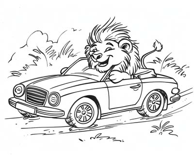 coloring page of a lion driving a car