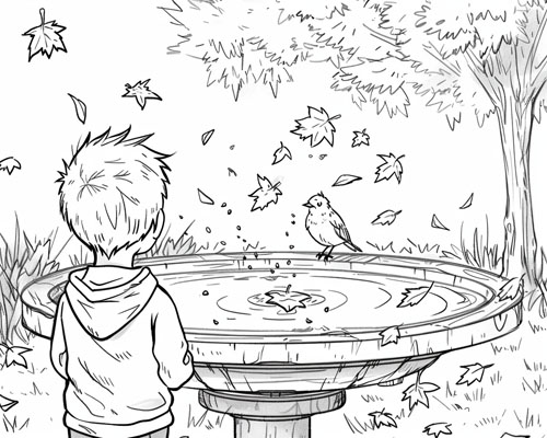 coloring page of a child watching the bird fountain in the autumn