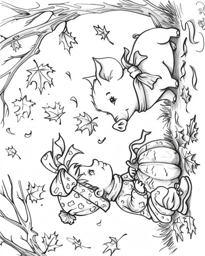 coloring page of a child and their pig