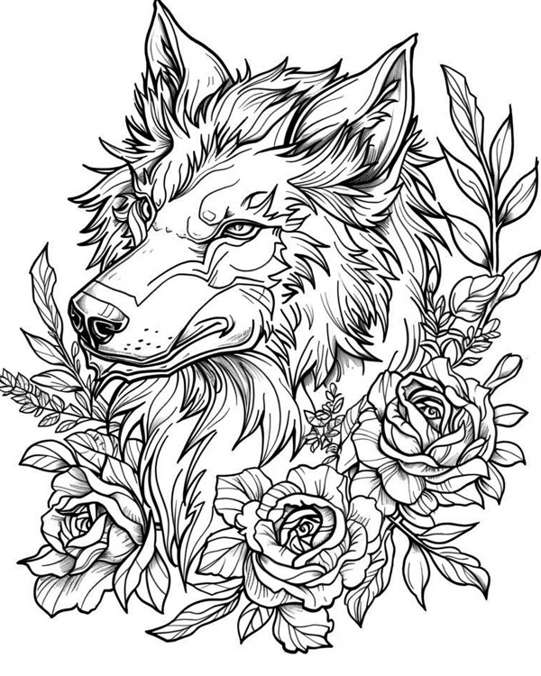 Werewolf and roses coloring page